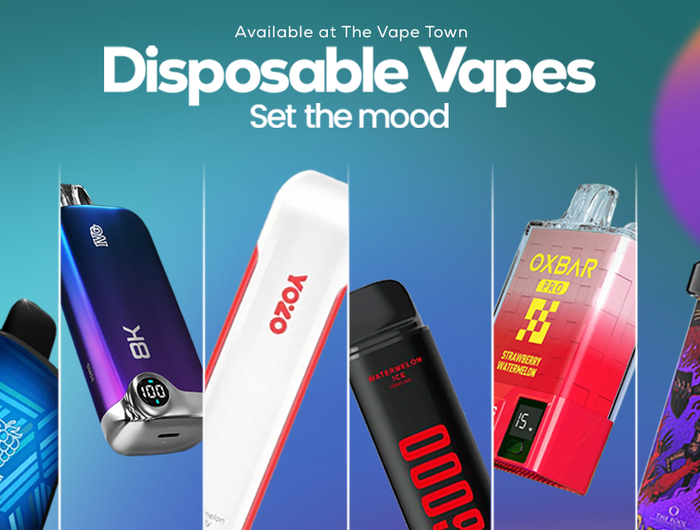 Promotional banner for disposable vapes with colorful designs on a gradient background.